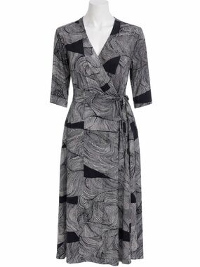 TOAST Wave Print Wrap Dress Size 14 Black & White Viscose Midi NWT